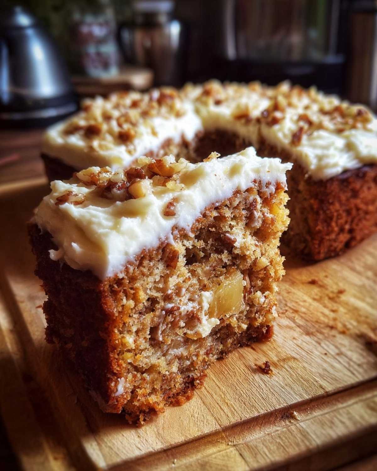 Gros plan d'une part de gâteau colibri keto maison avec glaçage crémeux et noix.