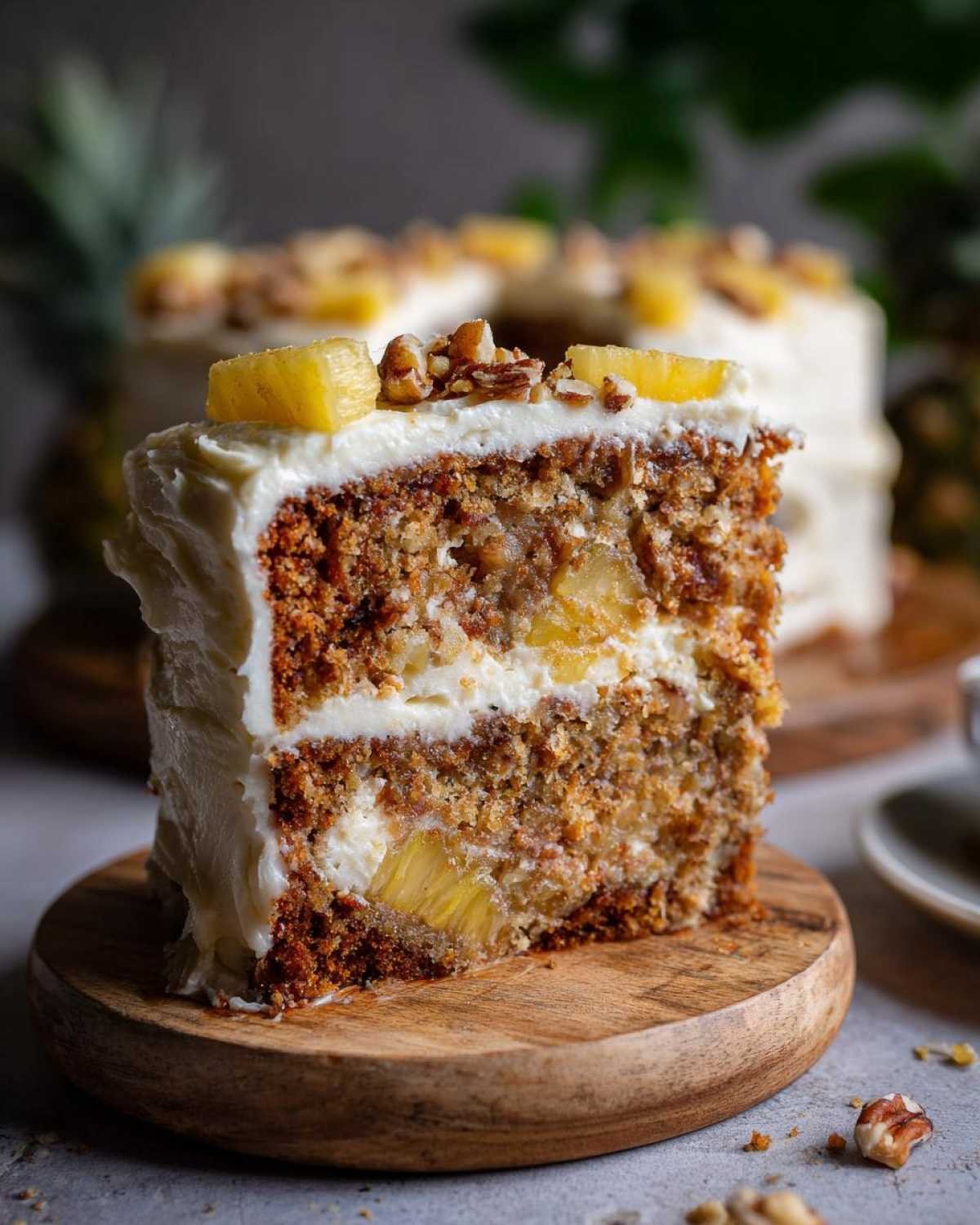 Gros plan d'une part de gâteau colibri keto maison avec glaçage crémeux, morceaux d'ananas et noix.