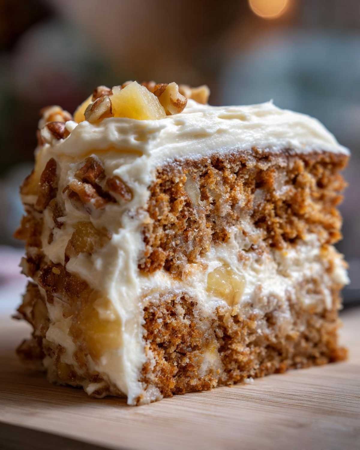 Gros plan d'une tranche de gâteau colibri keto maison, garnie de noix et de morceaux d'ananas, avec un glaçage crémeux.