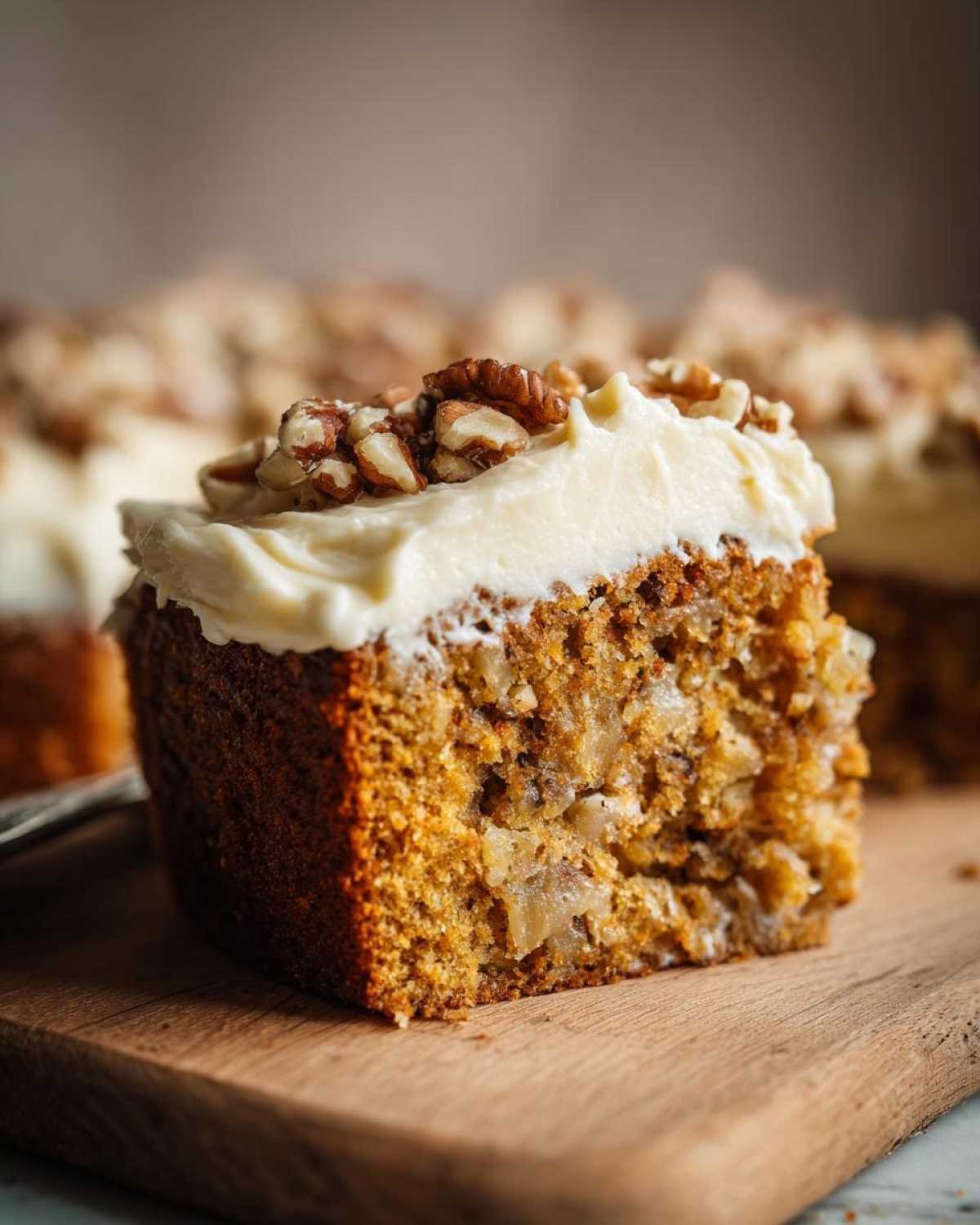 Gros plan d'une tranche de gâteau colibri keto maison avec glaçage crémeux et noix.