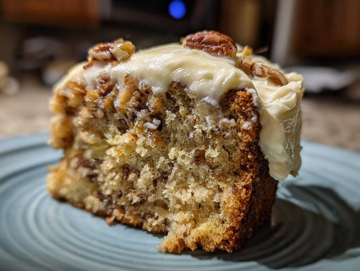 Gros plan d'une tranche de gâteau colibri keto maison avec glaçage crémeux et noix de pécan.