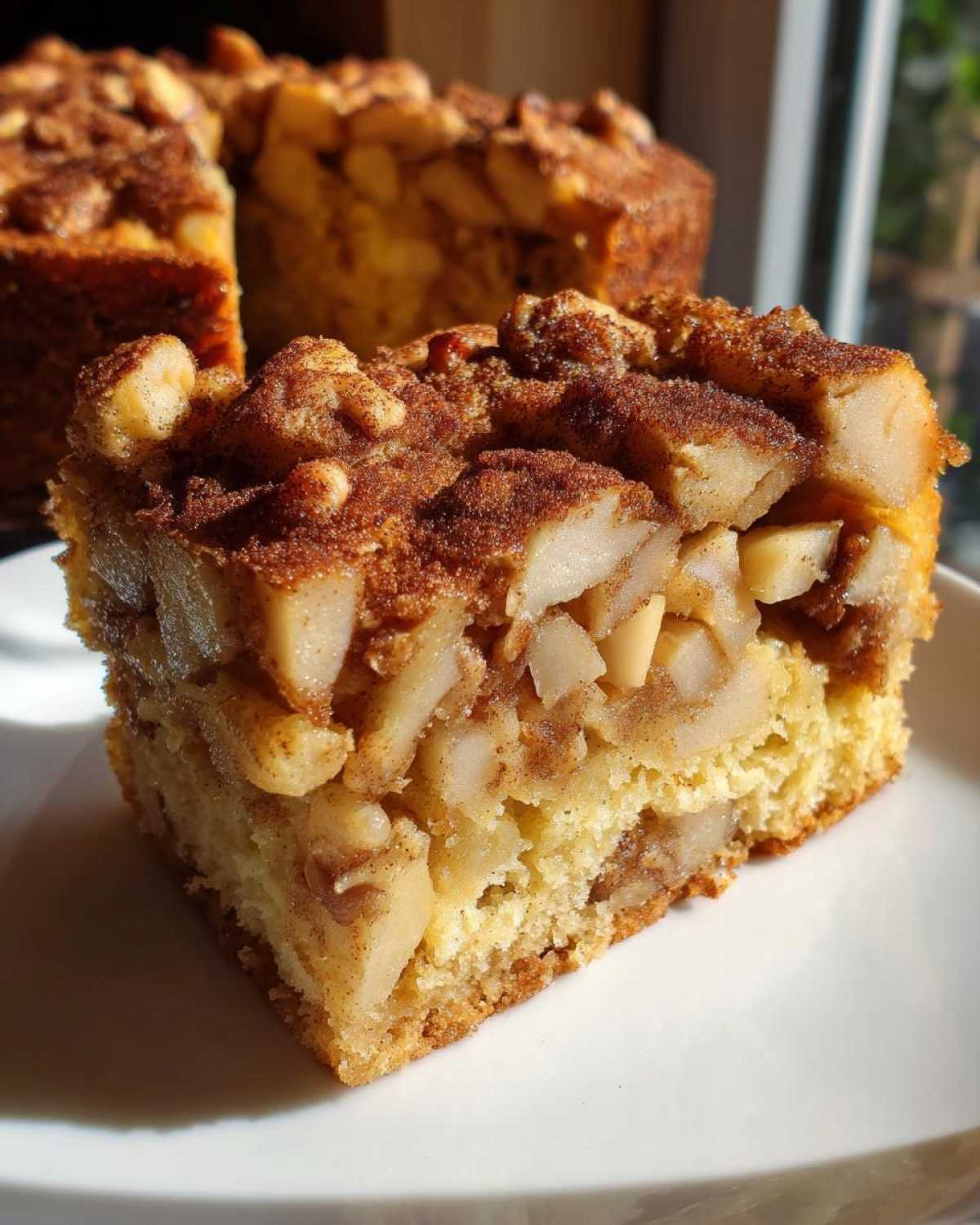 Gâteau facile aux pommes et à la cannelle, une part généreuse sur une assiette blanche.