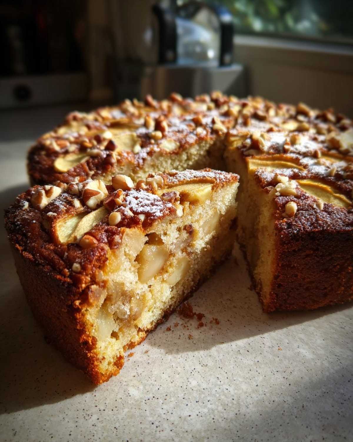 Gâteau facile aux pommes et à la cannelle, une part coupée révèle la texture moelleuse et les morceaux de pommes.