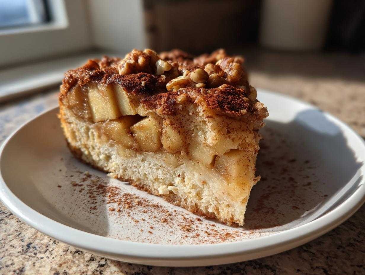 Une part de Gâteau Facile aux Pommes et Cannelle sur une assiette, garnie de noix et saupoudrée de cannelle.