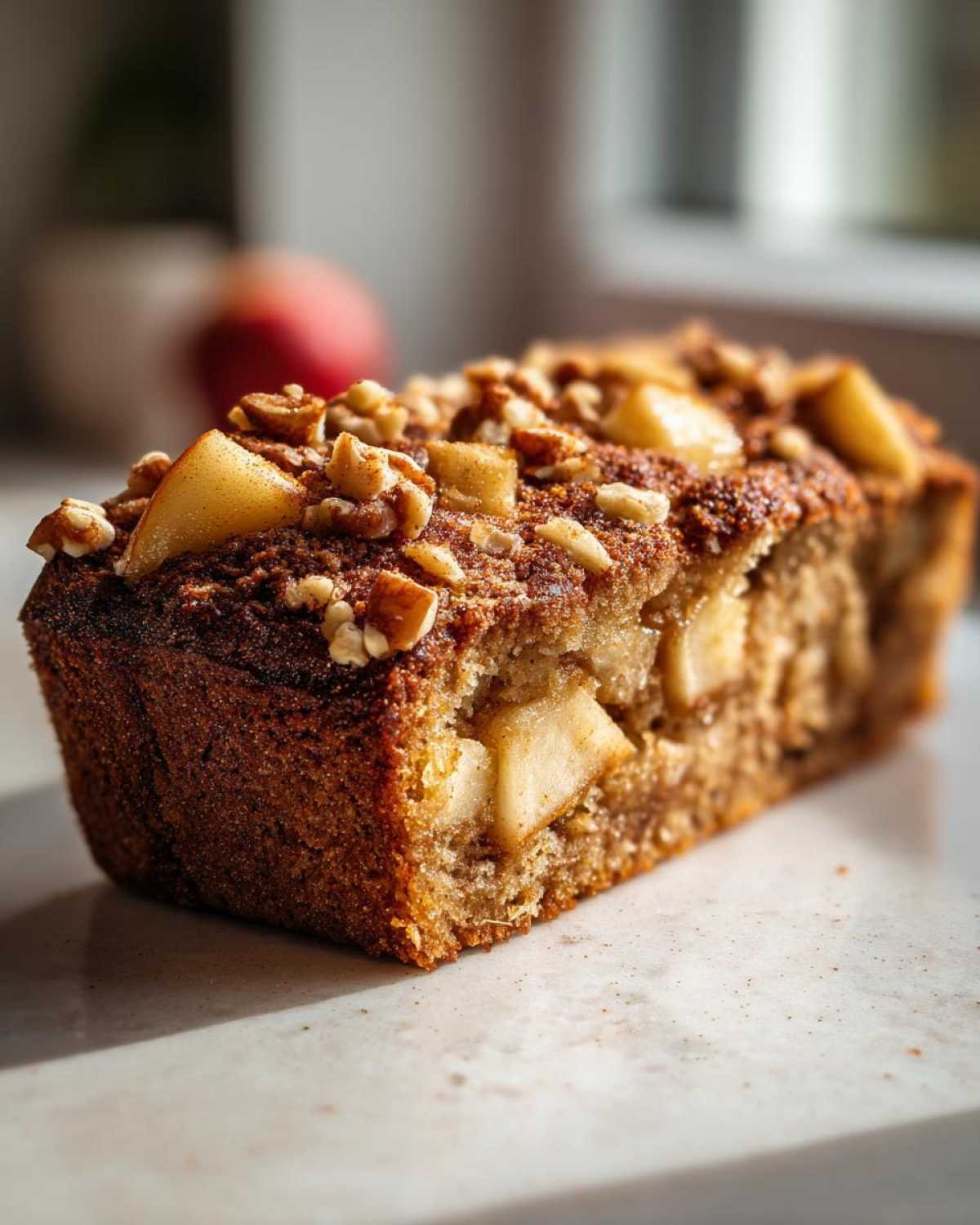 Gâteau facile aux pommes et à la cannelle garni de noix et de morceaux de pommes.