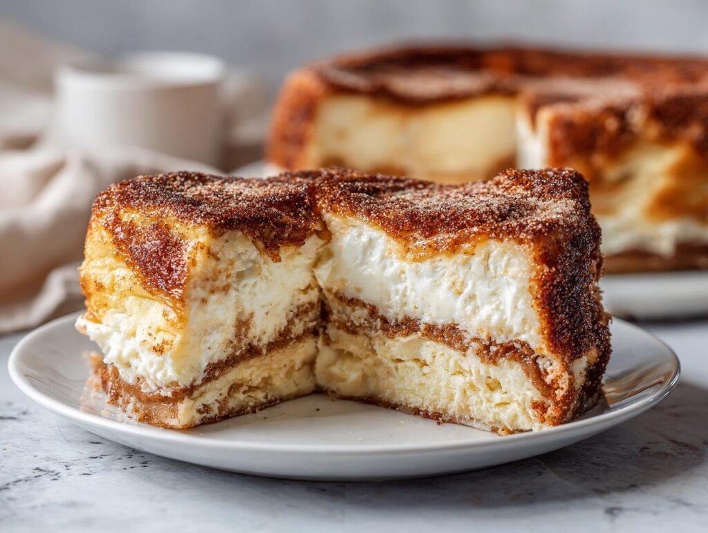 Gros plan d'une tranche de gâteau au fromage Churro sur une assiette, avec le reste du gâteau en arrière-plan.