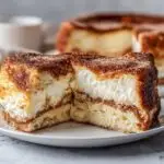 Gros plan d'une tranche de gâteau au fromage Churro sur une assiette, avec le reste du gâteau en arrière-plan.