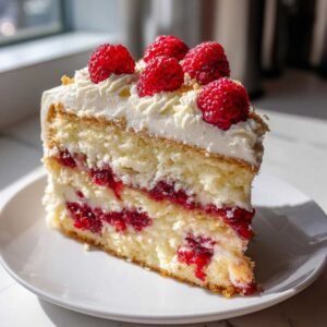 Une part de gâteau Indulgent White Chocolate Raspberry, garnie de crème et de framboises fraîches.