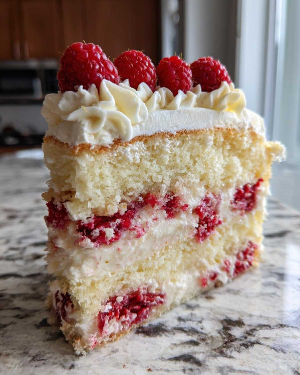 Une part de gâteau Indulgent White Chocolate Raspberry avec des framboises et de la crème fouettée.