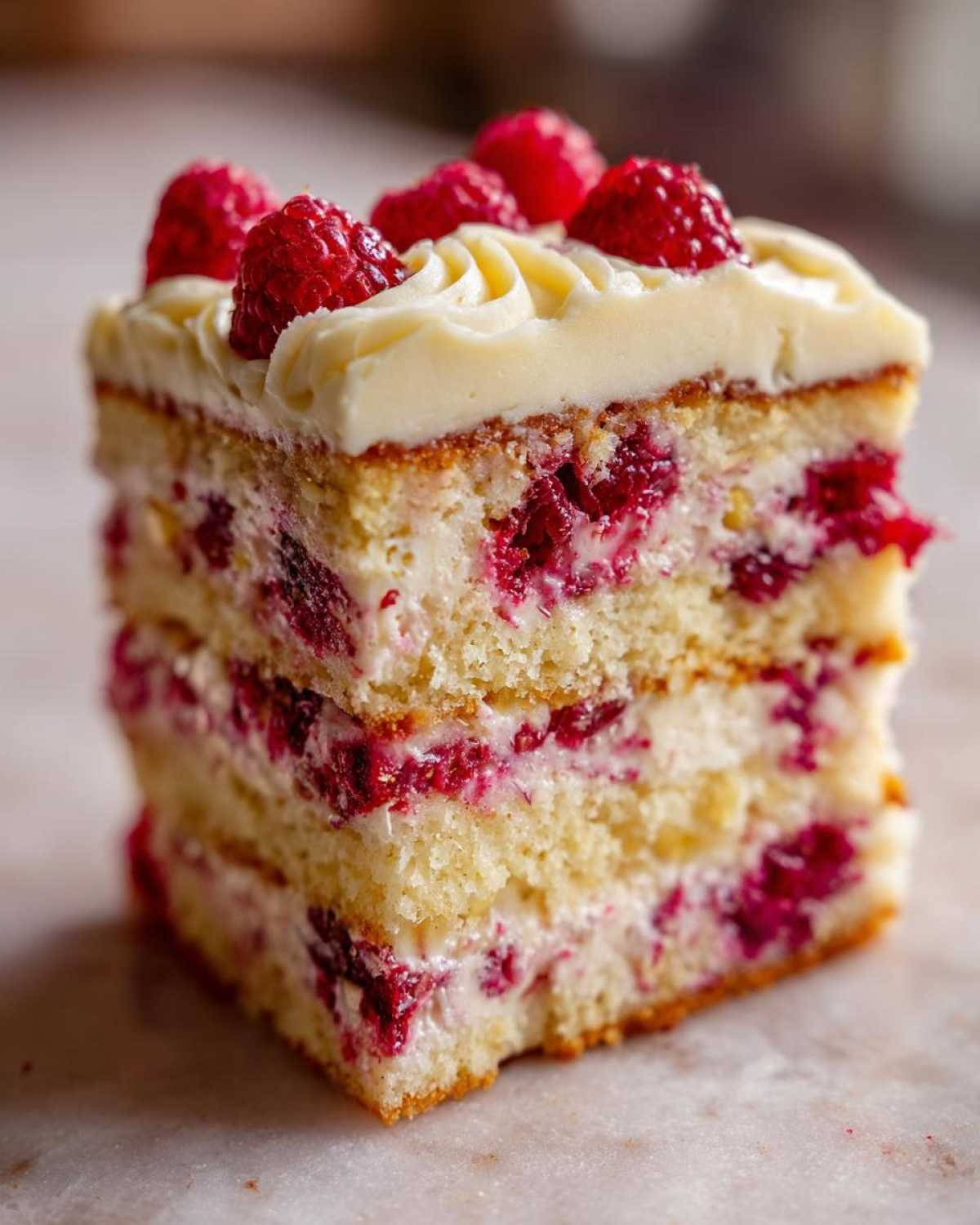 Une part de gâteau Indulgent White Chocolate Raspberry, garnie de framboises fraîches et de glaçage.