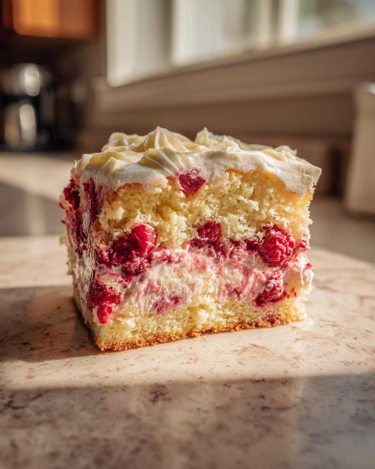 Une part de gâteau Indulgent White Chocolate Raspberry avec de la crème et des framboises.