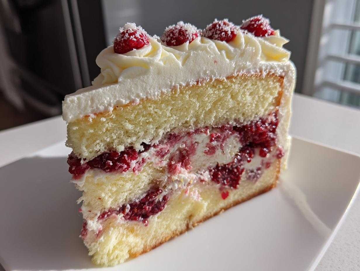 Une part de gâteau Indulgent White Chocolate Raspberry, garnie de crème fouettée, framboises et noix de coco râpée.