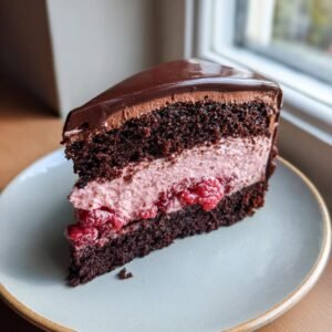 Gros plan d'une part de Gâteau Mousse Chocolat Framboise, avec des couches de génoise chocolat, mousse framboise et framboises fraîches.