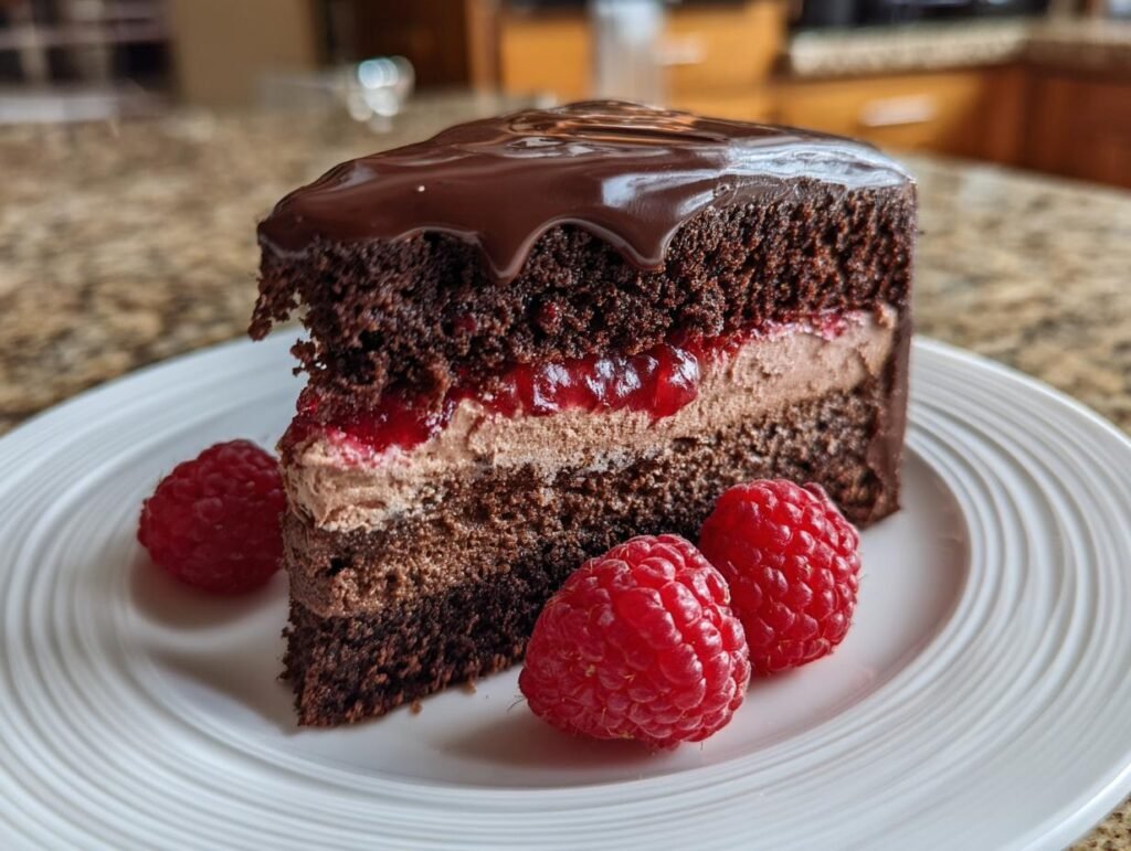 Gros plan d'une part de Gâteau Mousse Chocolat Framboise sur une assiette blanche, décorée de framboises fraîches.