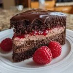 Gros plan d'une part de Gâteau Mousse Chocolat Framboise sur une assiette blanche, décorée de framboises fraîches.