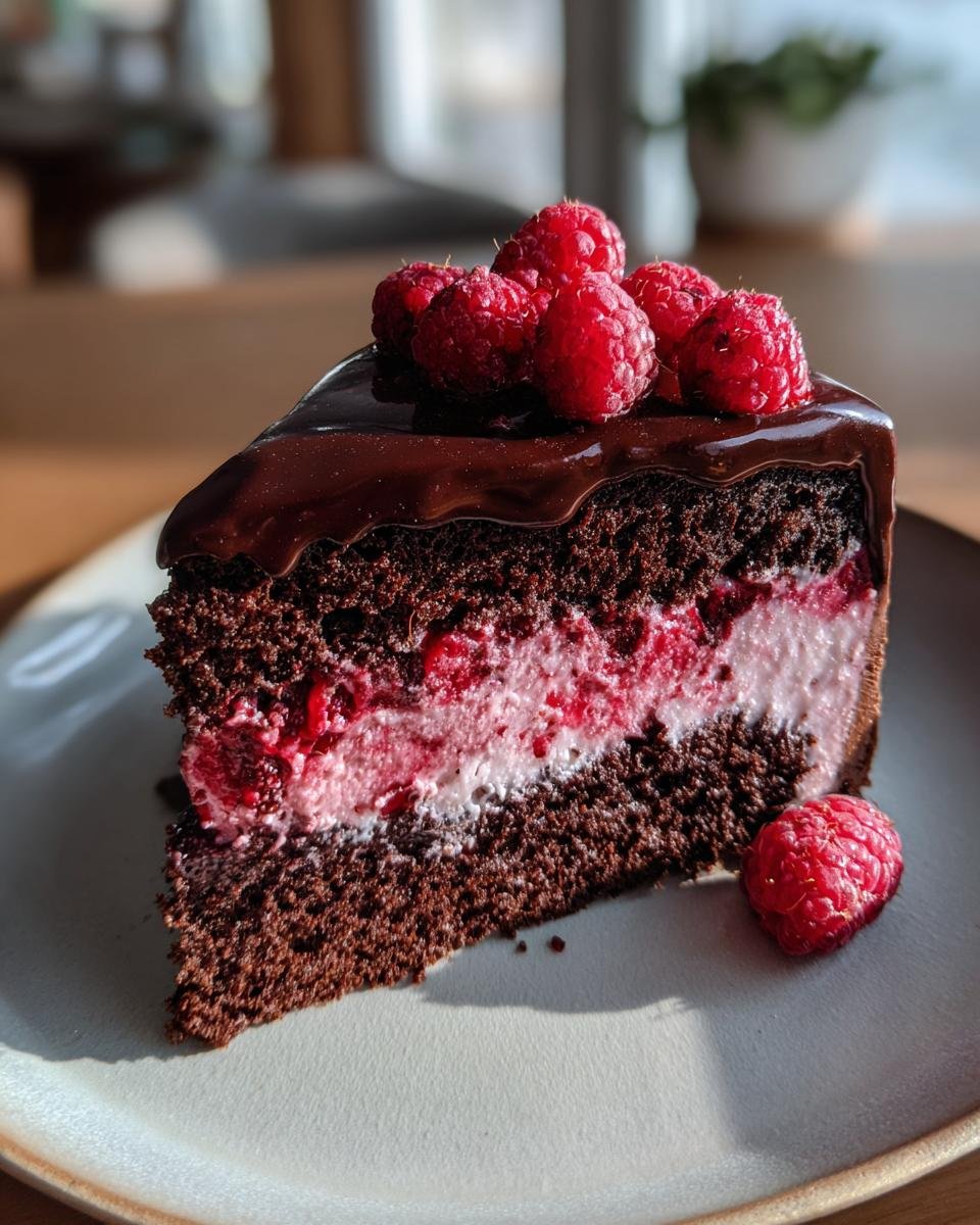 Gros plan d'une part de Gâteau Mousse Chocolat Framboise, garnie de framboises fraîches et de glaçage au chocolat.