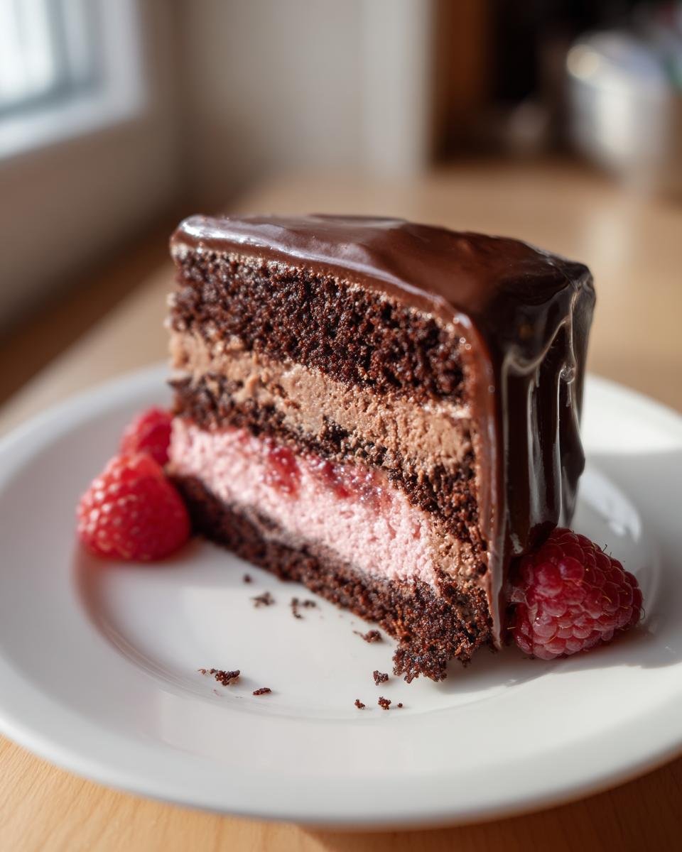 Gros plan d'une part de Gâteau Mousse Chocolat Framboise sur une assiette blanche, décoré de framboises fraîches.