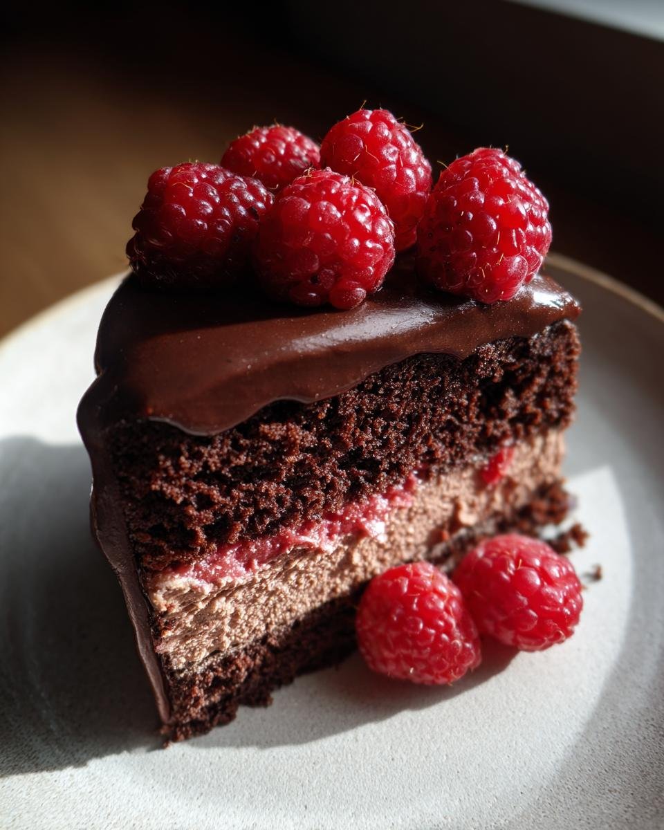 Gros plan d'une part de Gâteau Mousse Chocolat Framboise, décoré de framboises fraîches et d'un glaçage au chocolat.