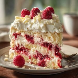 Une part de gâteau poke chocolat blanc framboise avec de la crème, des framboises et des copeaux de chocolat blanc.