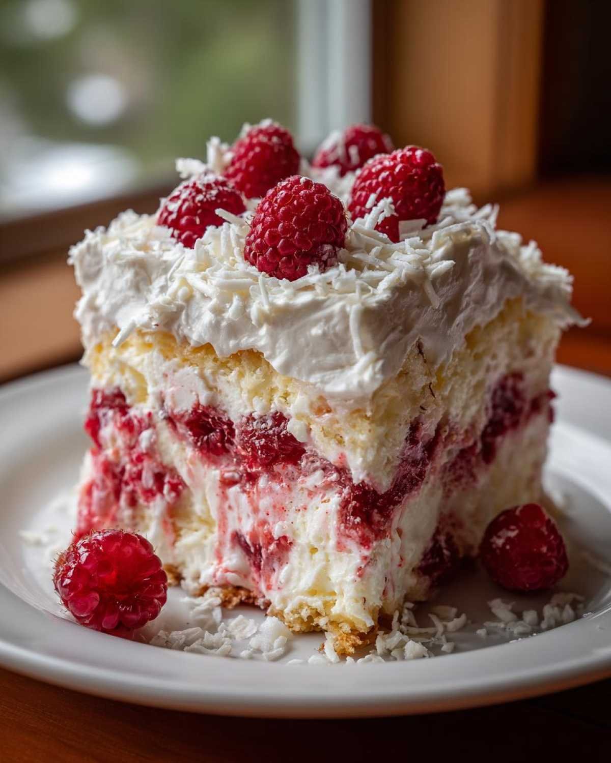 Une part de gâteau poke chocolat blanc framboise, garnie de framboises fraîches et de copeaux de chocolat blanc.