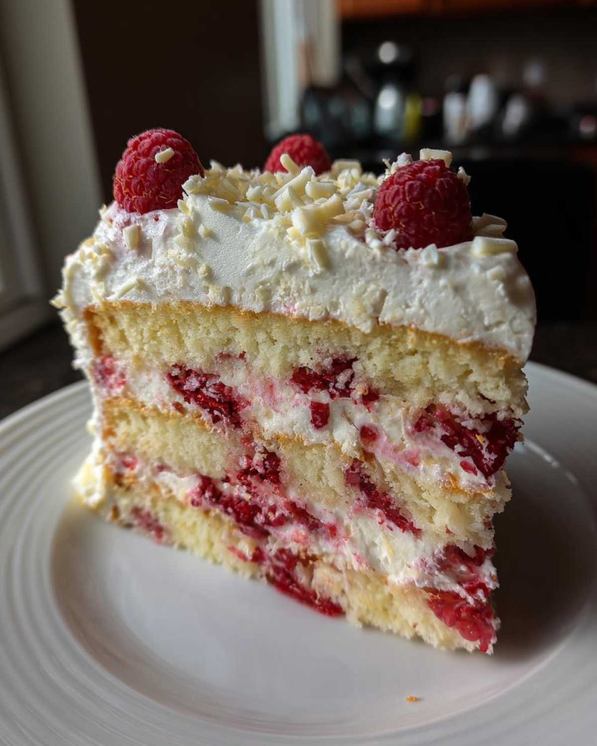 Une part de gâteau poke chocolat blanc framboise sur une assiette blanche, garnie de framboises fraîches et de copeaux de chocolat blanc.