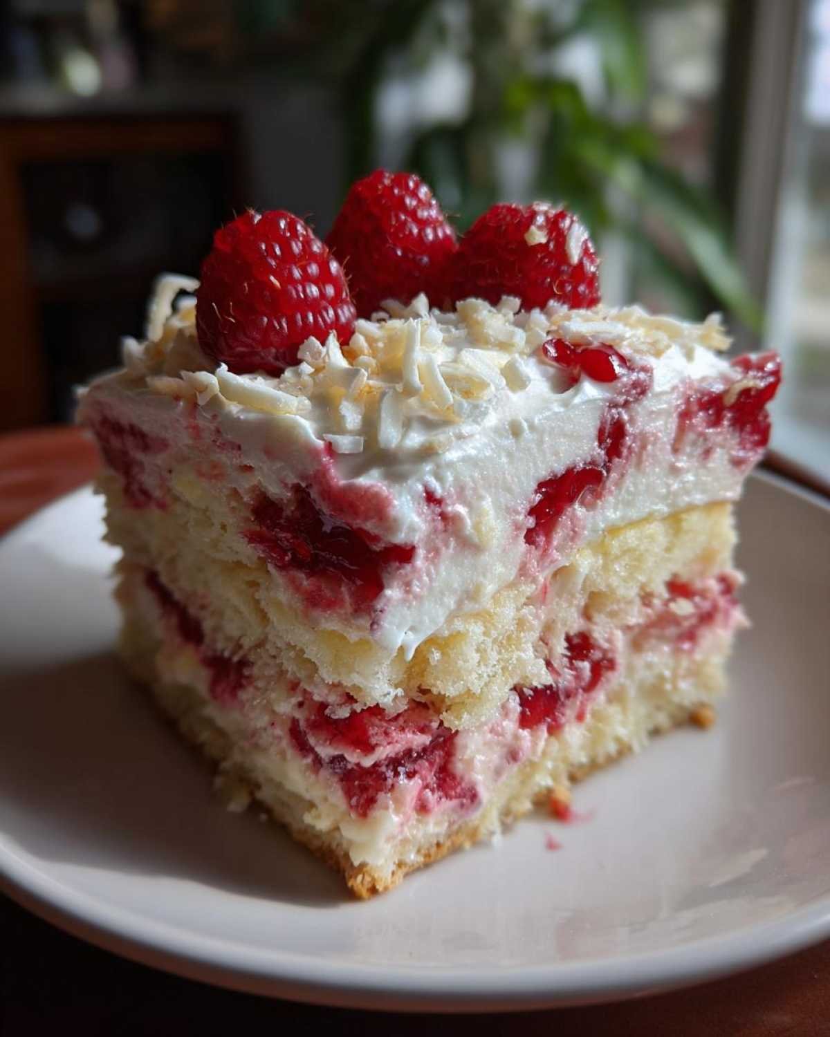 Une part de gâteau poke chocolat blanc framboise, garnie de framboises fraîches et de copeaux de chocolat blanc.