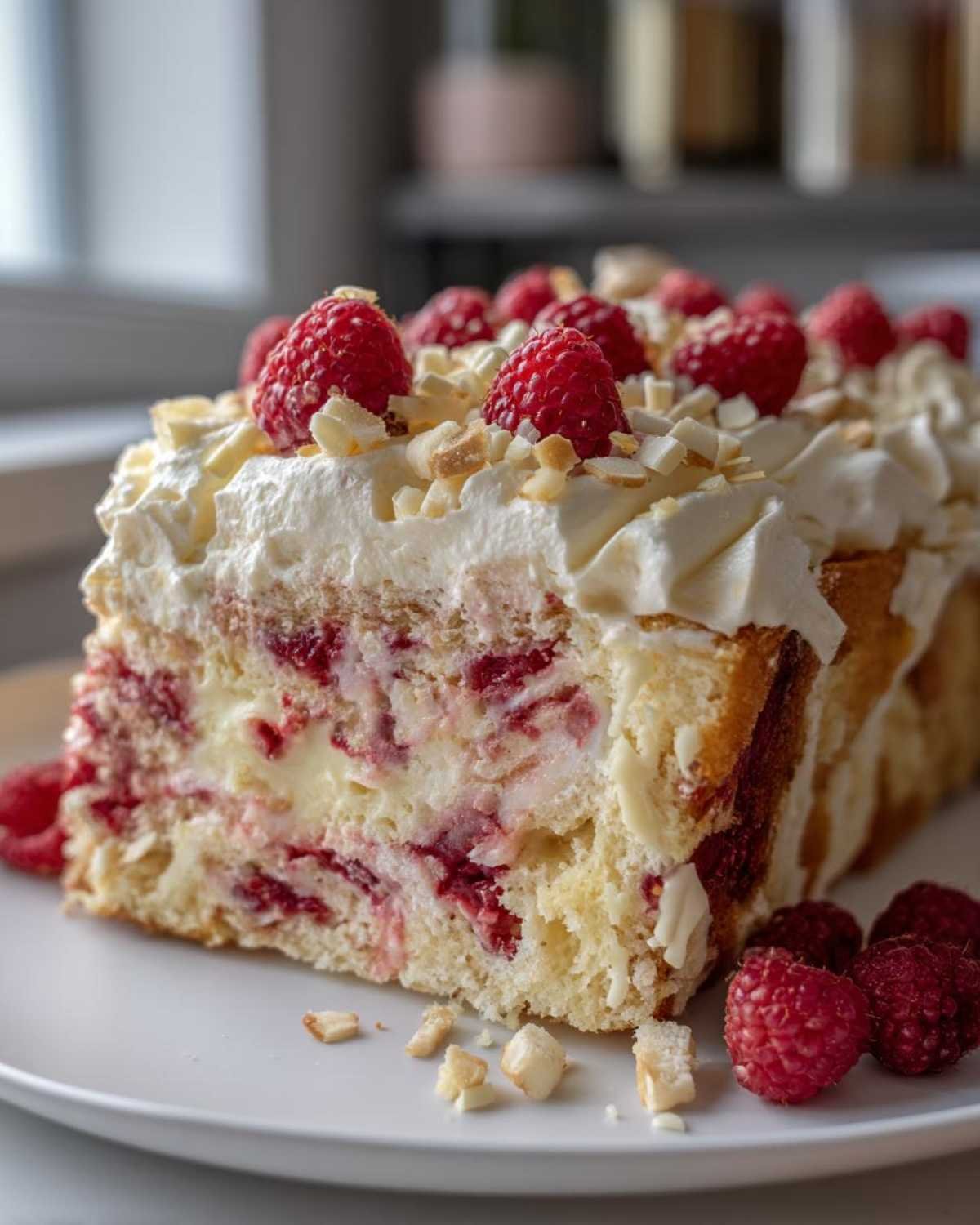 Gâteau poke chocolat blanc framboise avec crème fouettée, framboises fraîches et éclats de chocolat blanc.