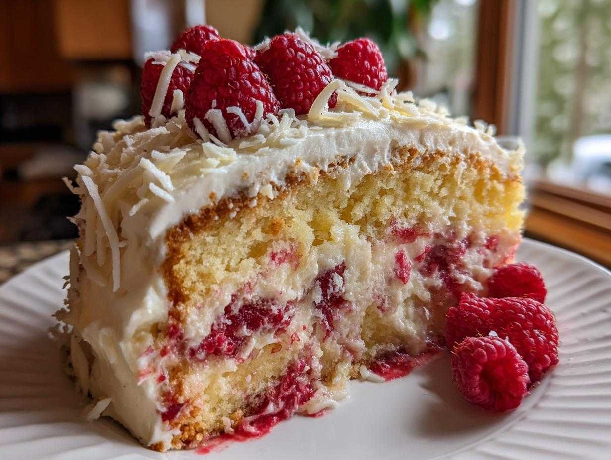 Une part de gâteau poke chocolat blanc framboise, garnie de framboises fraîches et de copeaux de chocolat blanc.