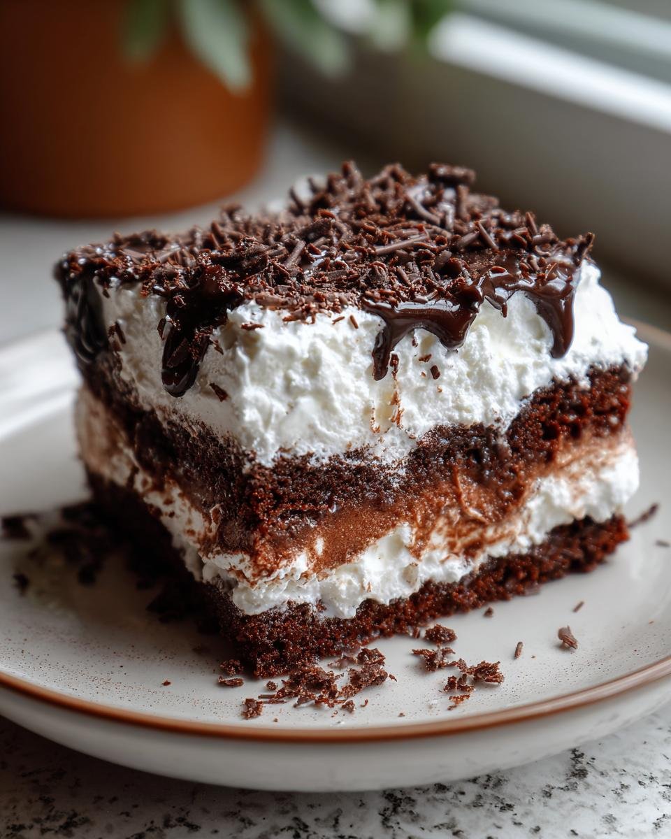 Gros plan sur une part de Gâteau Réfrigéré aux Brownies, garnie de crème fouettée et de copeaux de chocolat.