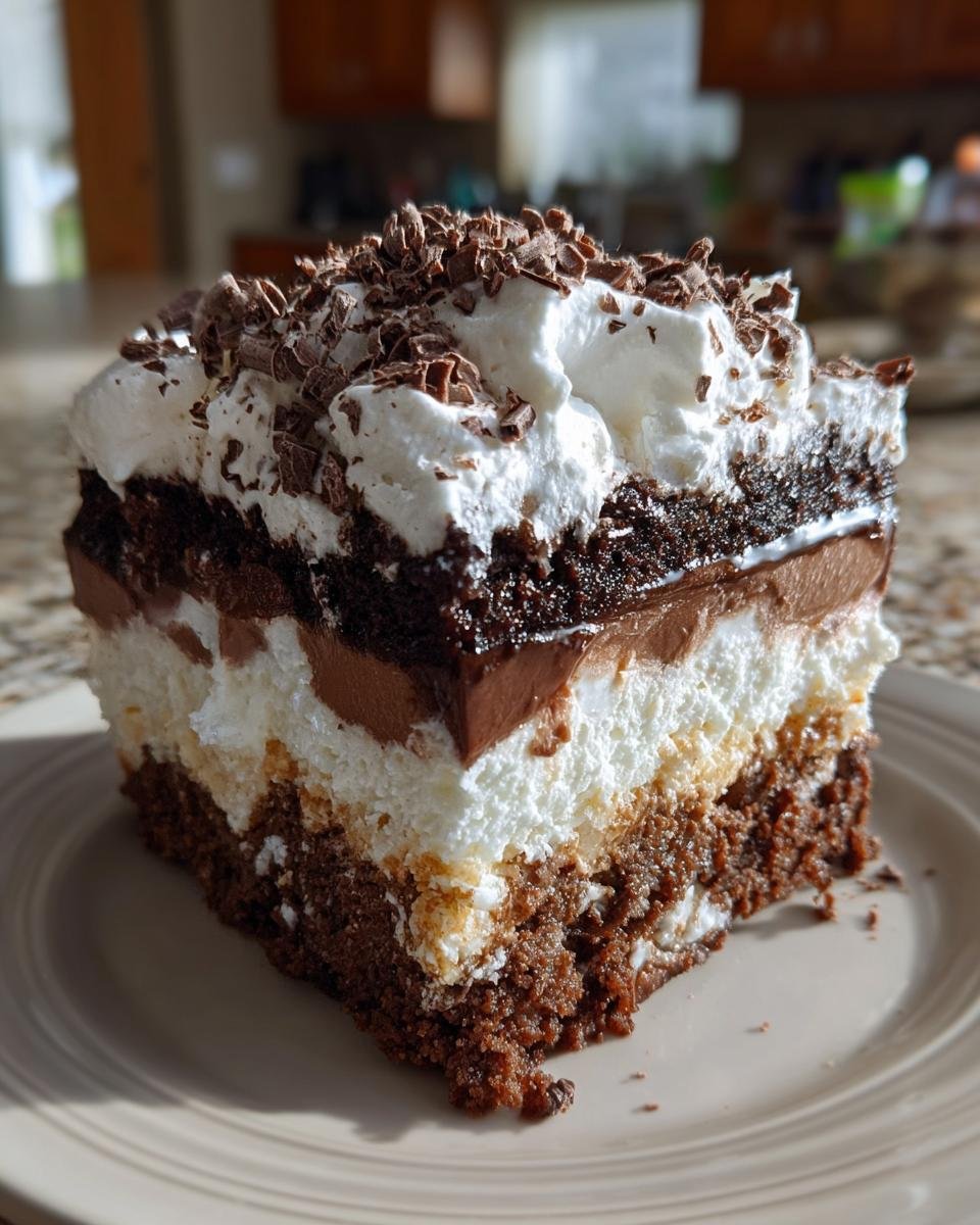 Gros plan d'une tranche de Gâteau Réfrigéré aux Brownies avec crème fouettée et copeaux de chocolat.