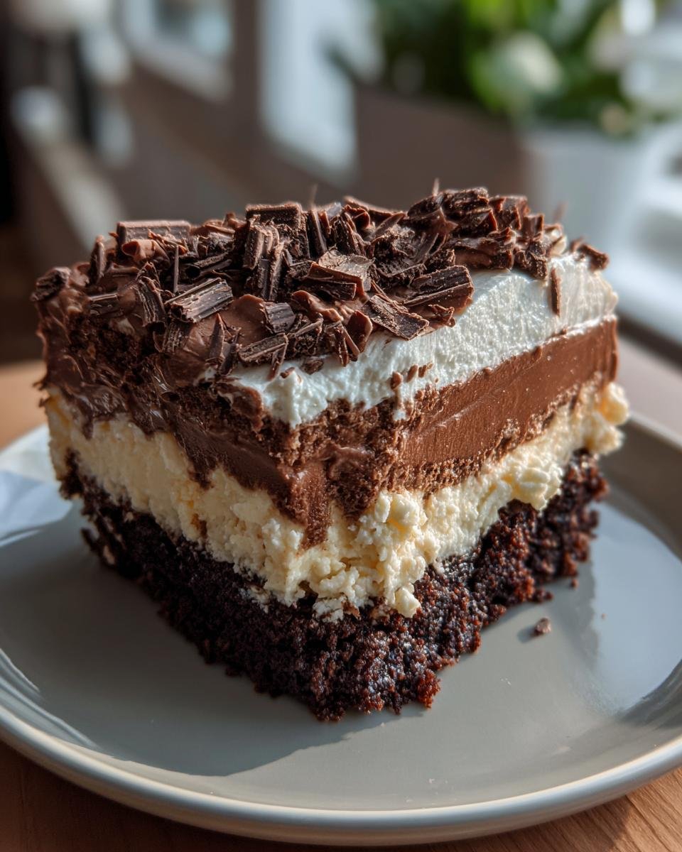 Gros plan d'une part de Gâteau Réfrigéré aux Brownies avec couches de chocolat et de crème, garnie de copeaux de chocolat.