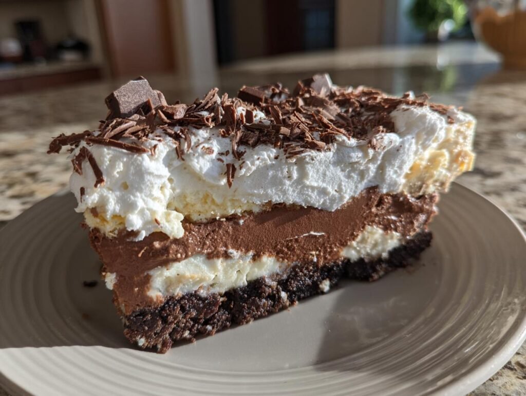 Gros plan d'une part de Gâteau Réfrigéré aux Brownies, avec couches de chocolat, crème et copeaux de chocolat.