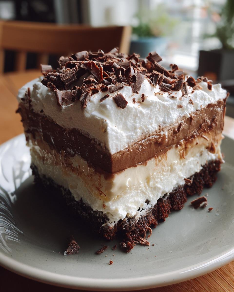 Gros plan d'une tranche de gâteau réfrigéré aux brownies avec plusieurs couches de crème et de chocolat, garnie de copeaux de chocolat.