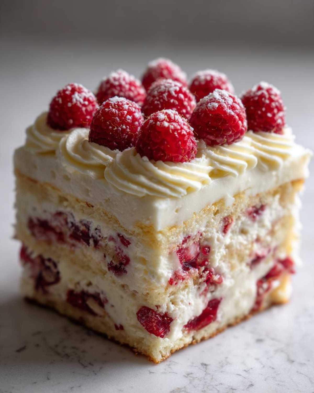 Gâteau Indulgent White Chocolate Raspberry : une part de gâteau avec glaçage blanc, framboises et copeaux de sucre.