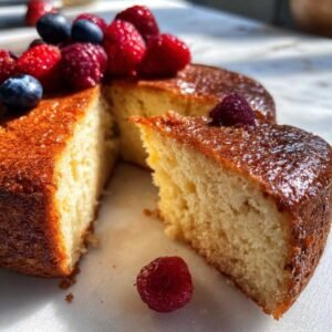 Gâteau yaourt keto facile coupé en part, garni de fruits rouges frais.