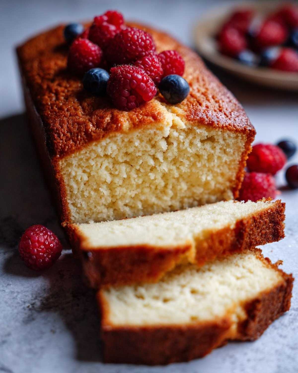 Gâteau yaourt keto facile tranché, garni de framboises et myrtilles fraîches.