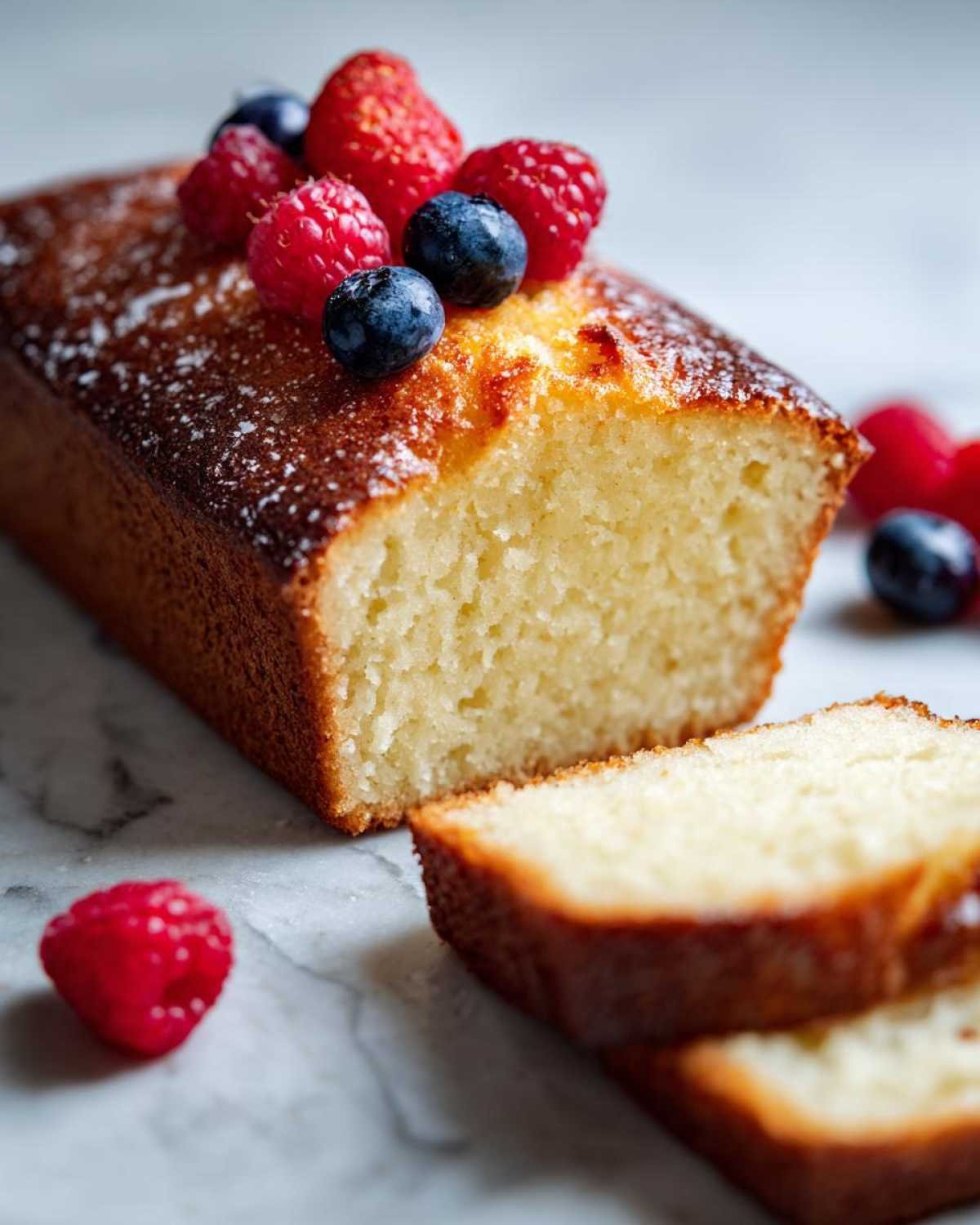 Gâteau yaourt keto facile tranché, garni de framboises et de myrtilles fraîches, saupoudré de sucre glace.