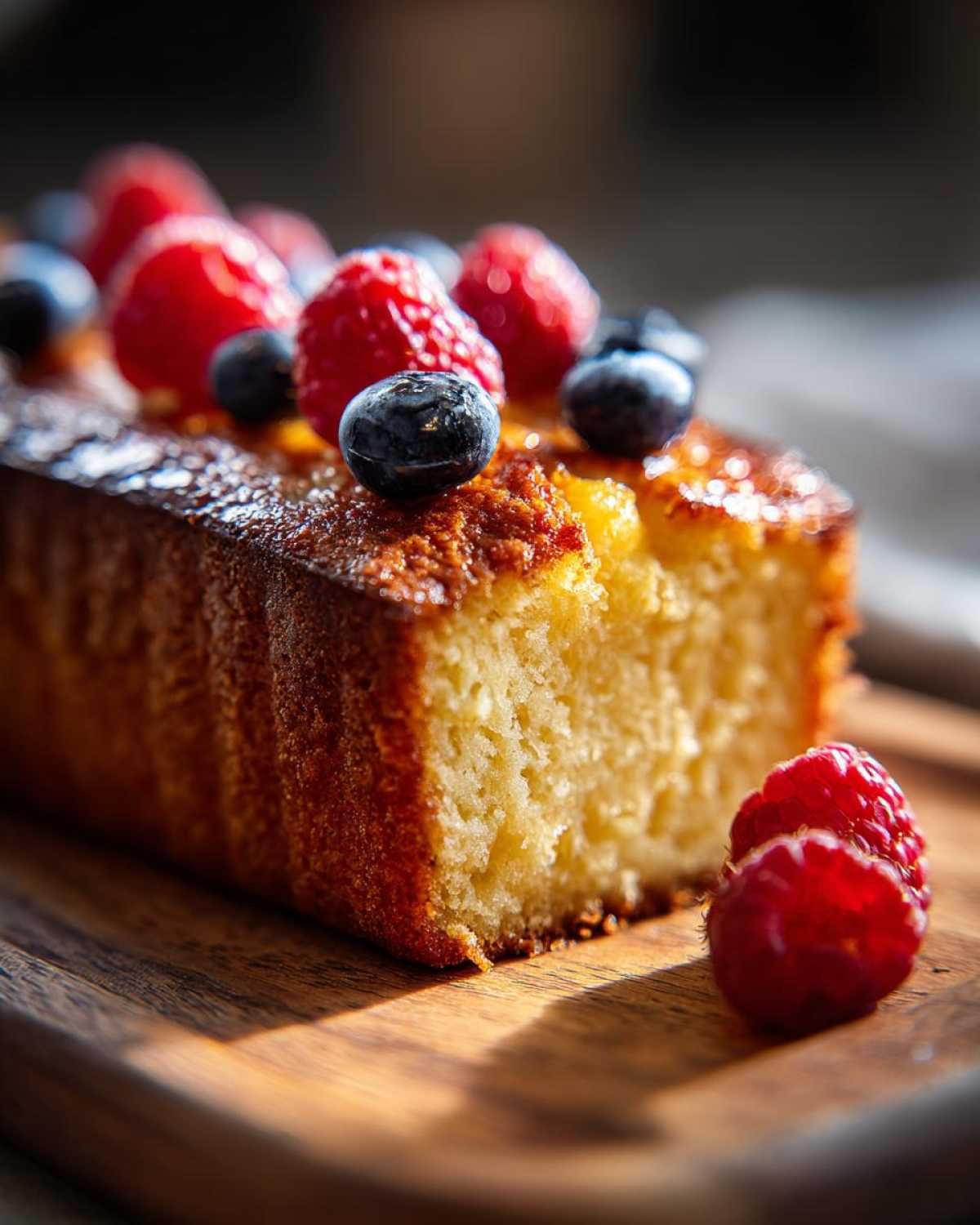 Gâteau yaourt keto facile garni de framboises et myrtilles sur une planche en bois.