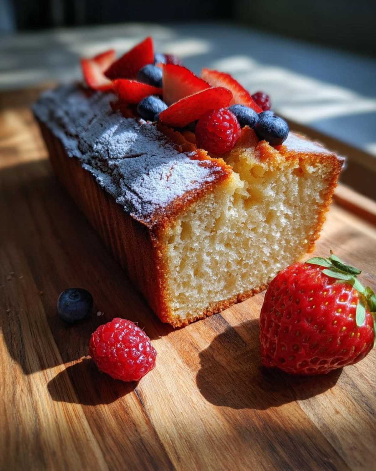 Gâteau yaourt keto facile tranché, saupoudré de sucre glace et garni de fraises, framboises et myrtilles.