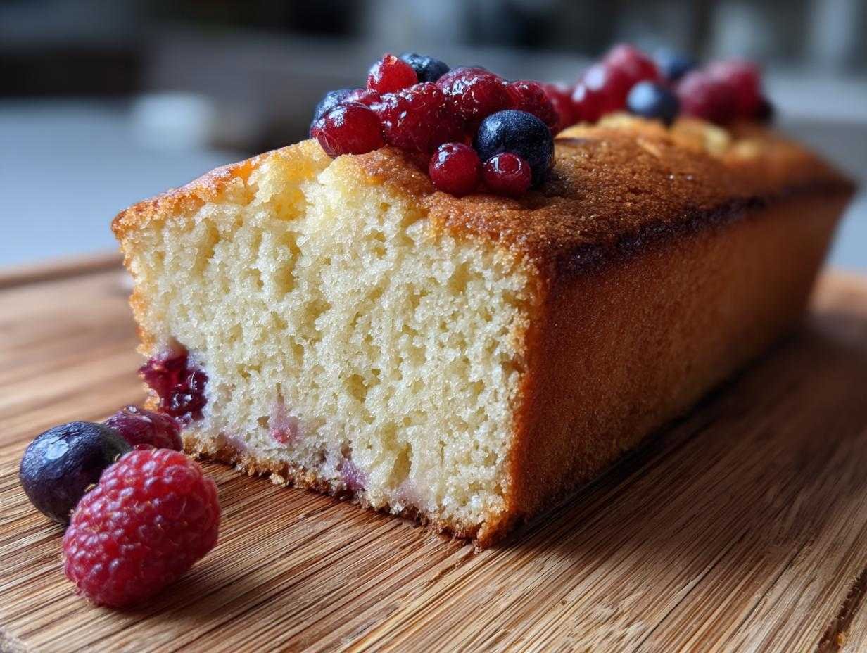 Gâteau yaourt keto facile coupé en tranche, garni de fruits rouges frais.