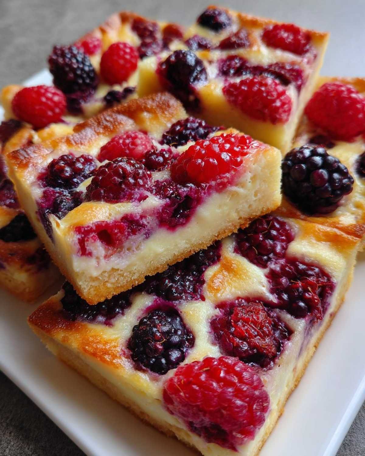 Gros plan sur des parts de Gratin aux Trois Baies Riche en Protéines garnies de framboises et mûres.