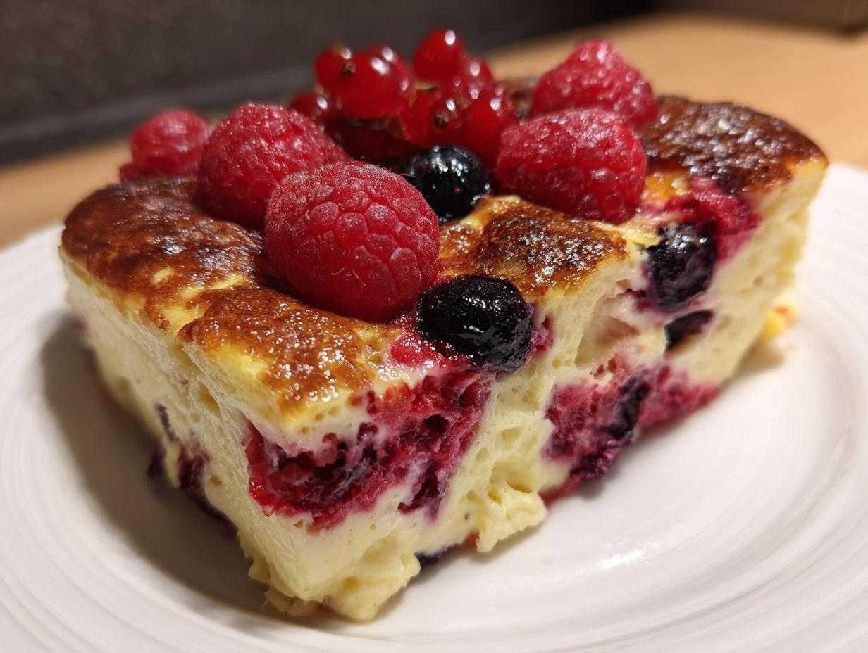 Une tranche de Gratin aux Trois Baies Riche en Protéines, garnie de framboises, myrtilles et groseilles.