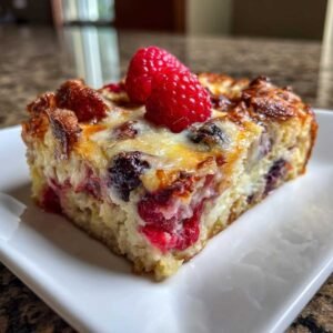 Une part de Gratin aux Trois Baies Riche en Protéines garnie de framboises fraîches.