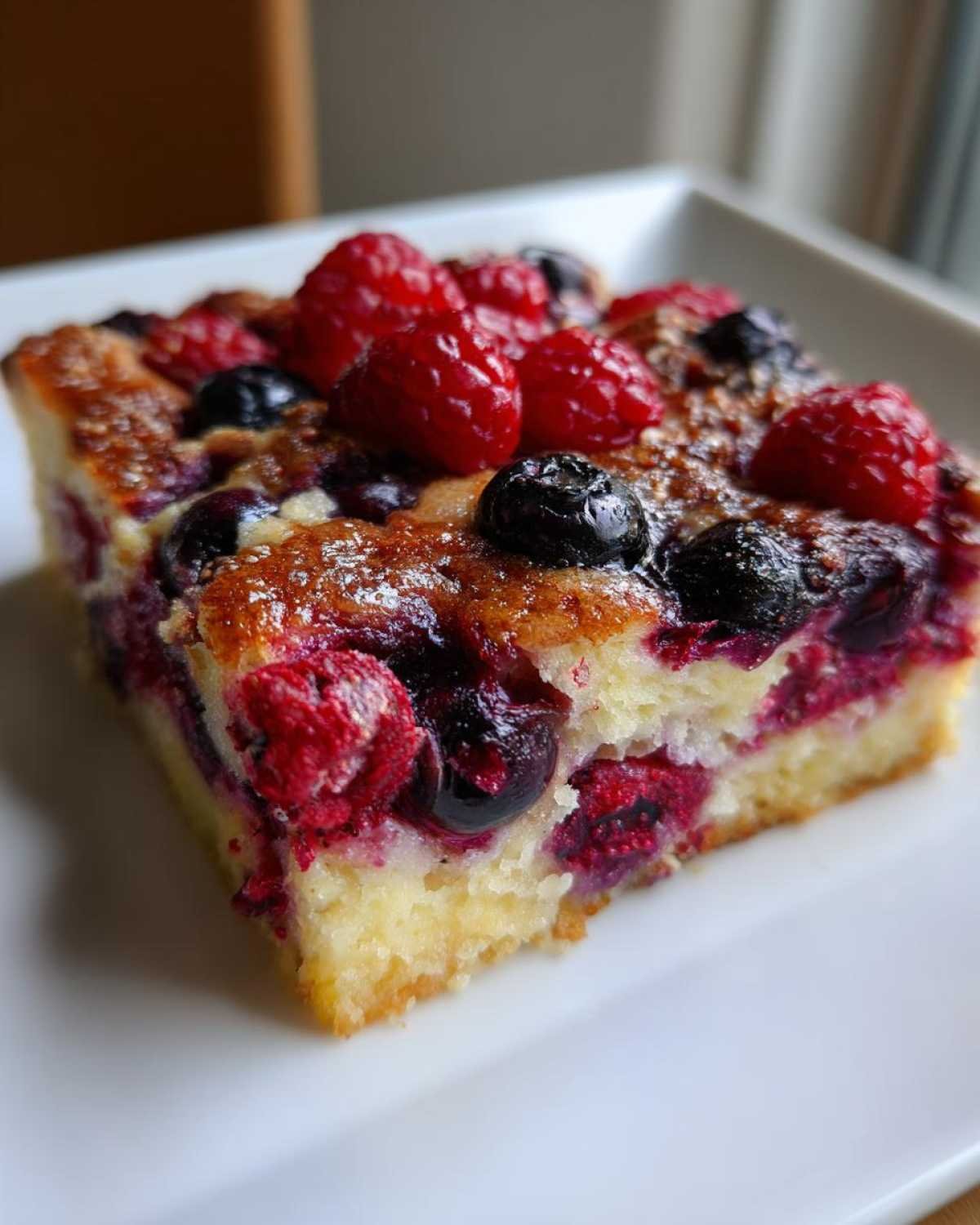 Une part de Gratin aux Trois Baies Riche en Protéines garnie de framboises et myrtilles fraîches.