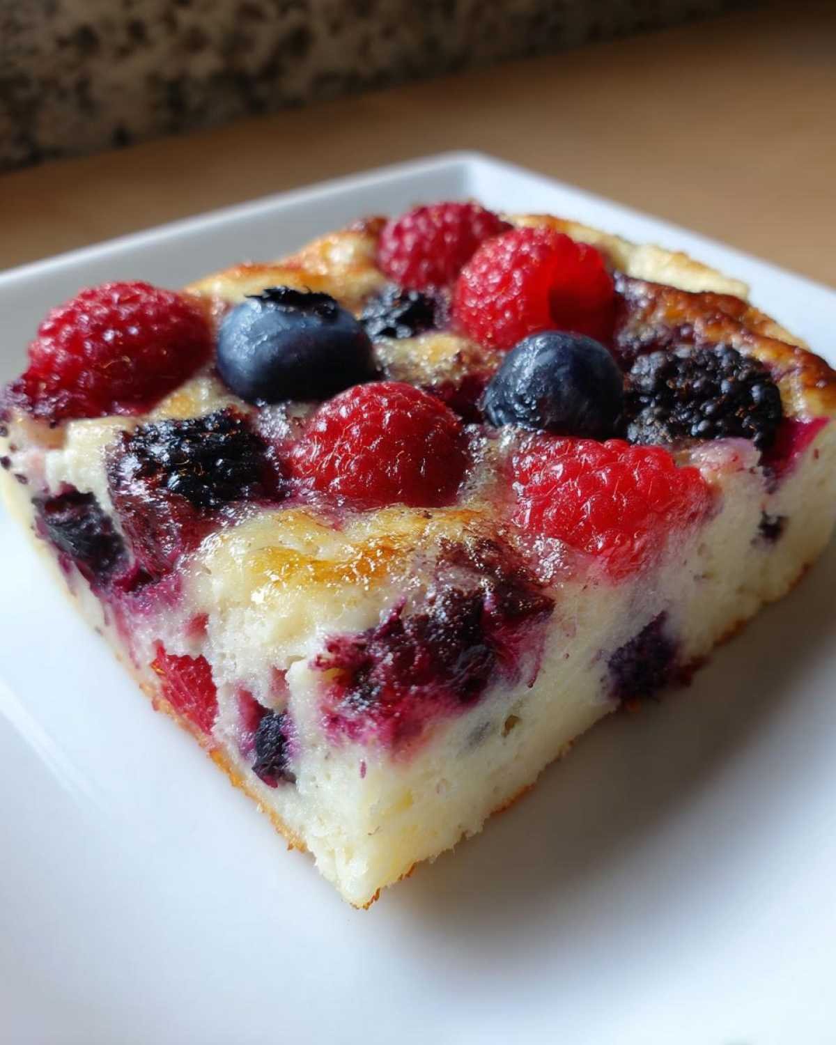 Une part de Gratin aux Trois Baies Riche en Protéines, garnie de framboises, myrtilles et mûres.