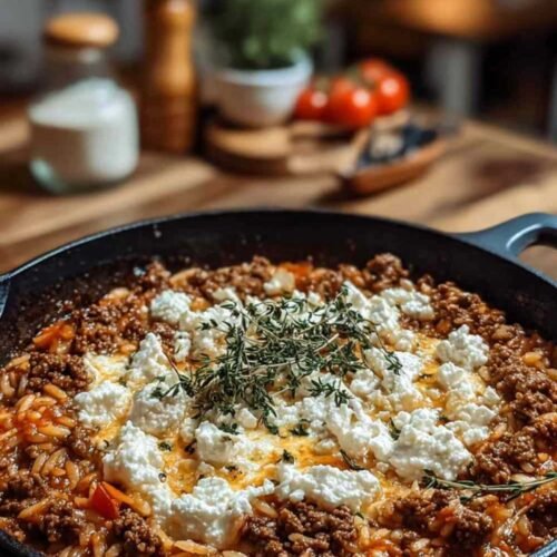 Poêlée de Kritharaki grecque avec feta et herbes fraîches