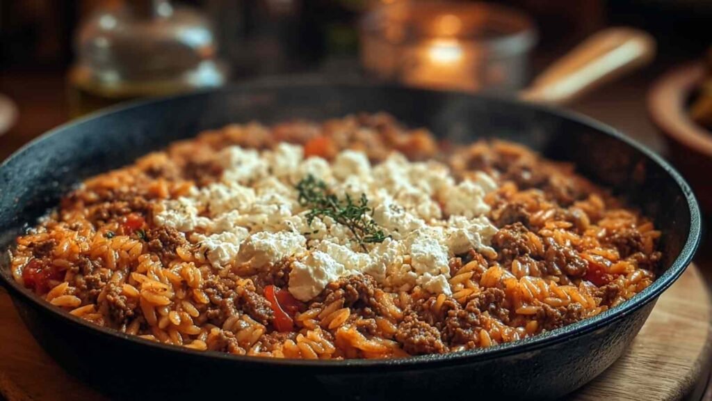 Poêlée de Kritharaki grecque avec feta et herbes fraîches