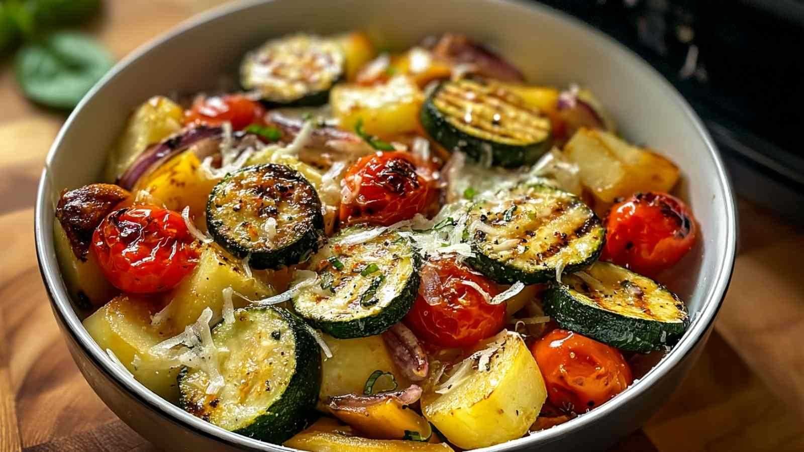 Préparation légumes grillés Air Fryer parmesan courgettes poivrons