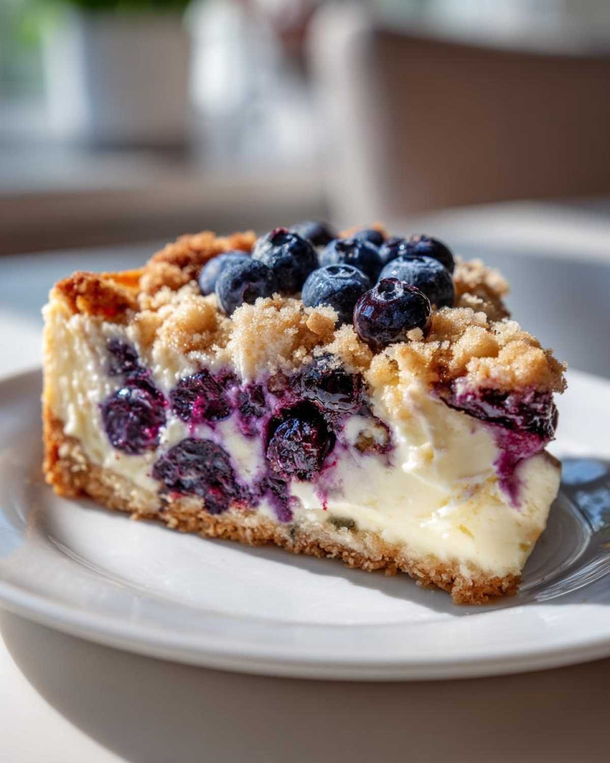 Une part de Lemon Blueberry Crumble Cheesecake sur une assiette blanche, garnie de myrtilles fraîches et de crumble.