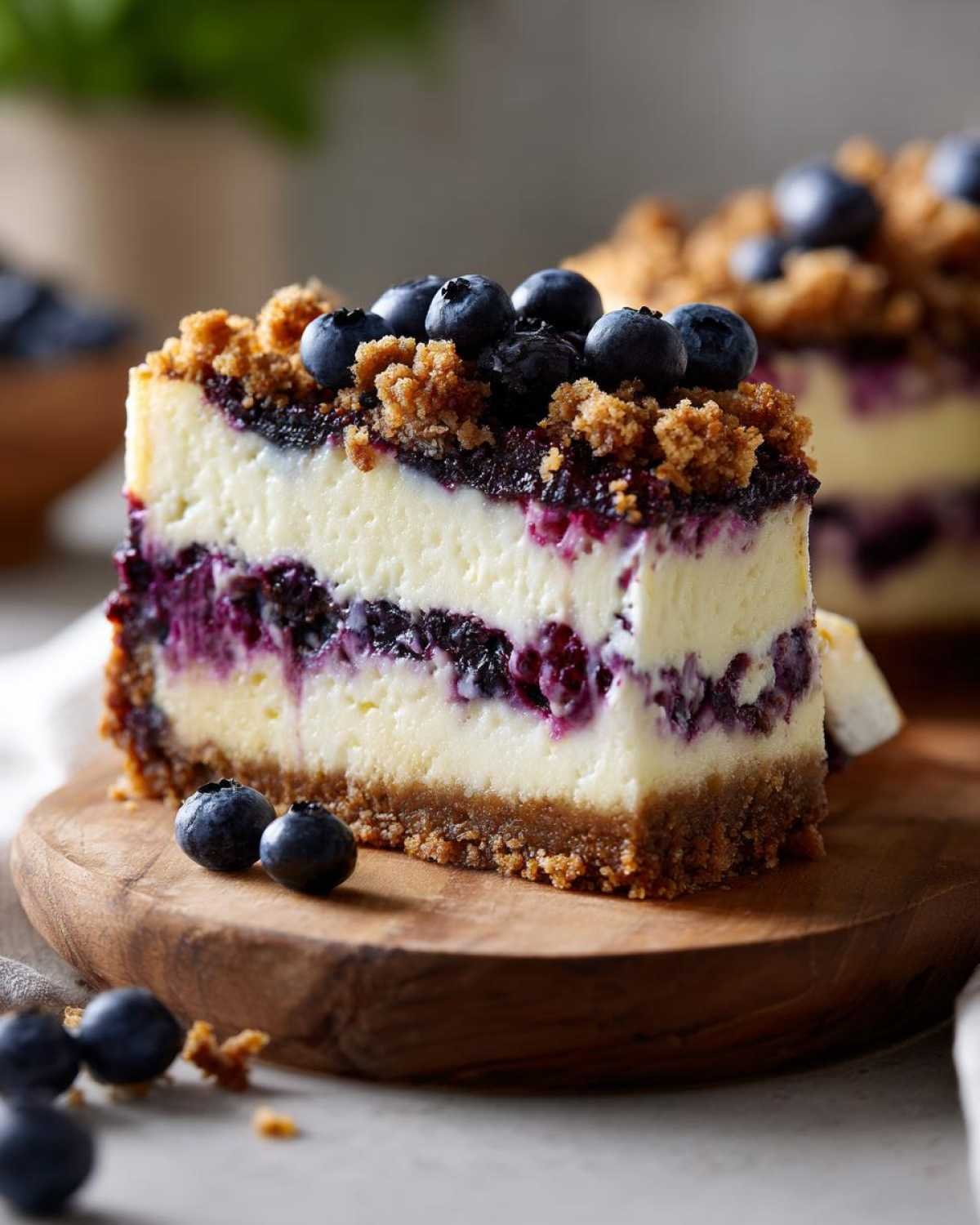 Tranche de Lemon Blueberry Crumble Cheesecake sur une planche en bois, garnie de myrtilles fraîches.